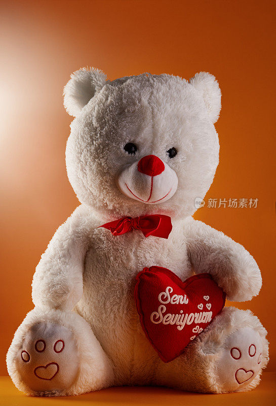 毛绒玩具泰迪熊抱着心形枕头，上面绣着“我爱你- Seni Seviyorum”的土耳其文